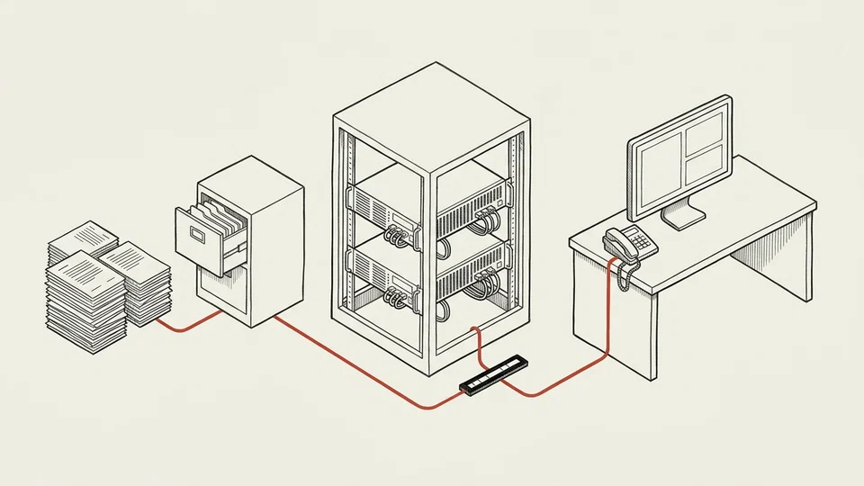 Documents, a server rack and a desk with a screen and telephone connected by a red route.
