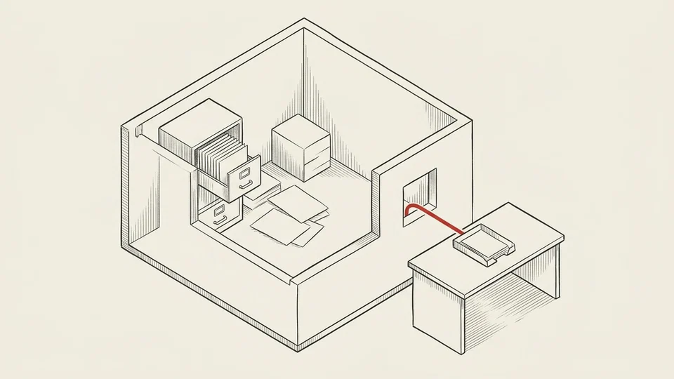 A source collection inside a defined space; only one output reaches the review tray.