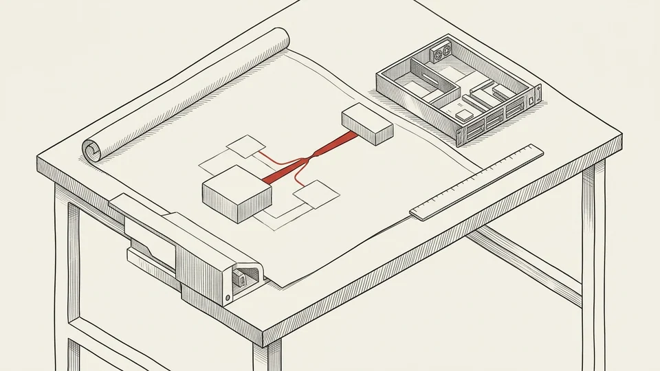 An architecture plan with a narrow passage highlighted, beside equipment and a measuring tool.
