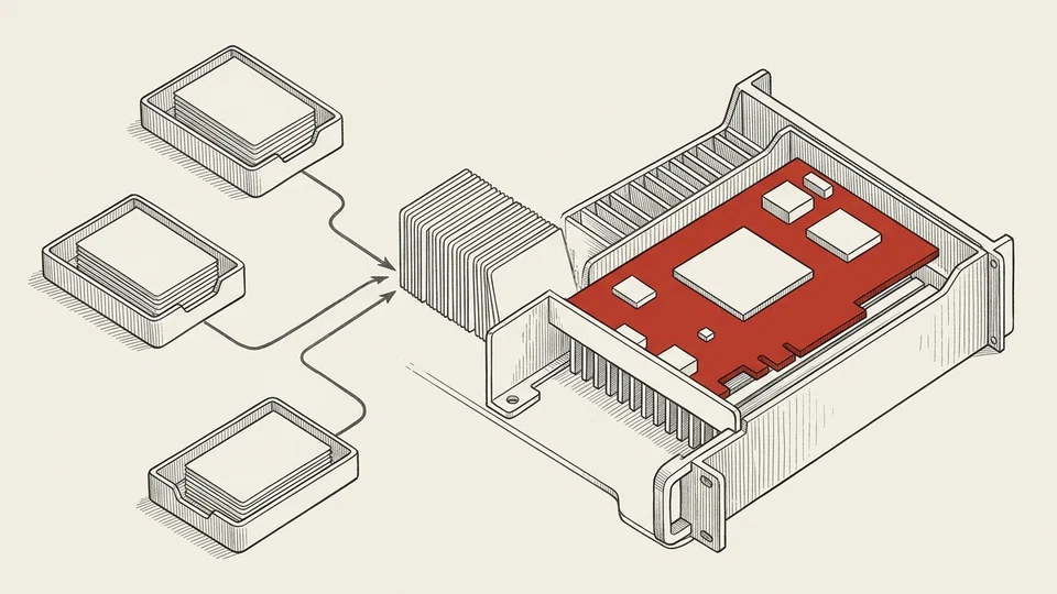 Three inputs converge into a queue feeding one accelerator board.