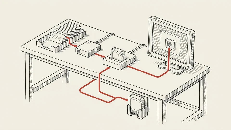 A queue, access gateway, model, application and recovery copy connected on the same bench.