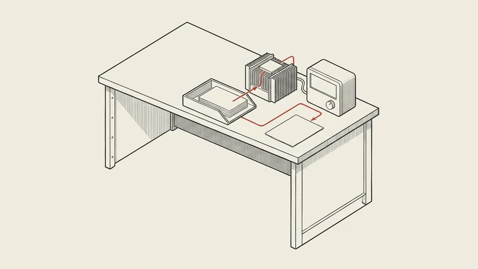 Product requests pass through a test bench with a measuring instrument and a criteria sheet.