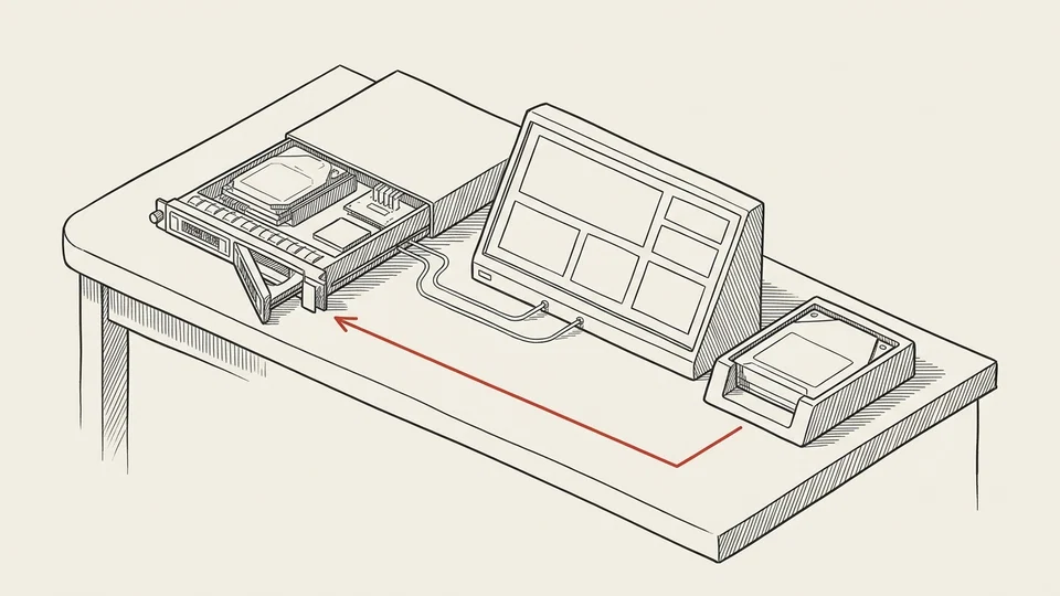A server, monitoring console and separate copy; a red route indicates recovery.