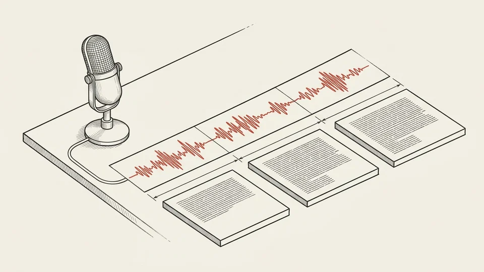 A microphone, three audio sections and three transcript blocks in the same sequence.